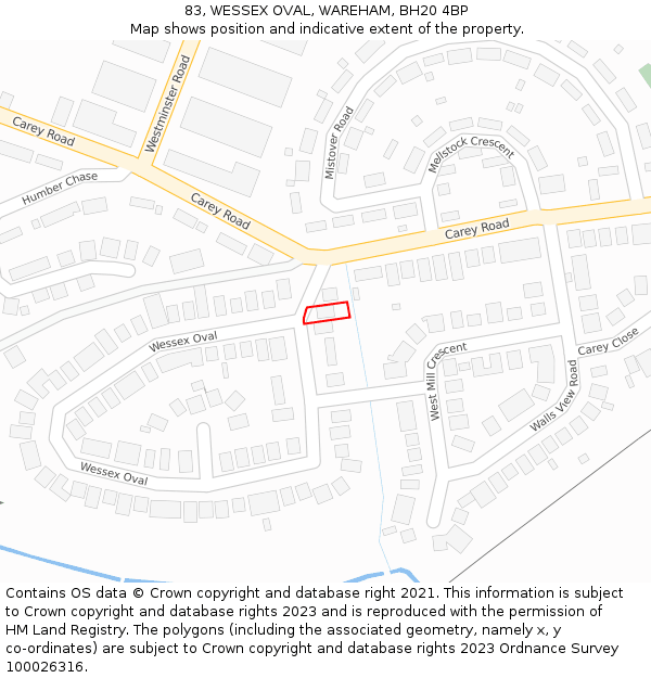 83, WESSEX OVAL, WAREHAM, BH20 4BP: Location map and indicative extent of plot