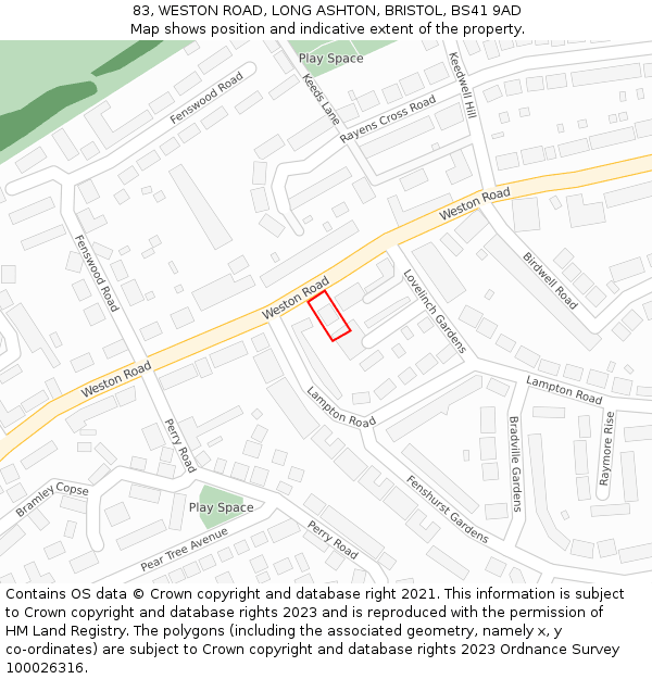 83, WESTON ROAD, LONG ASHTON, BRISTOL, BS41 9AD: Location map and indicative extent of plot