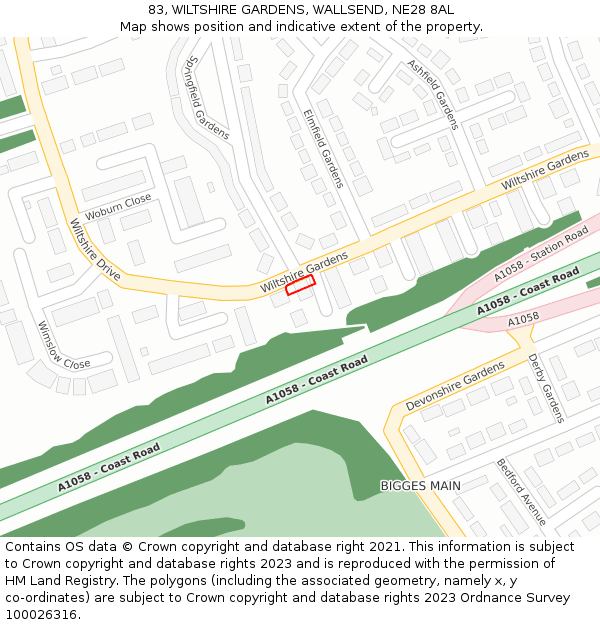 83, WILTSHIRE GARDENS, WALLSEND, NE28 8AL: Location map and indicative extent of plot