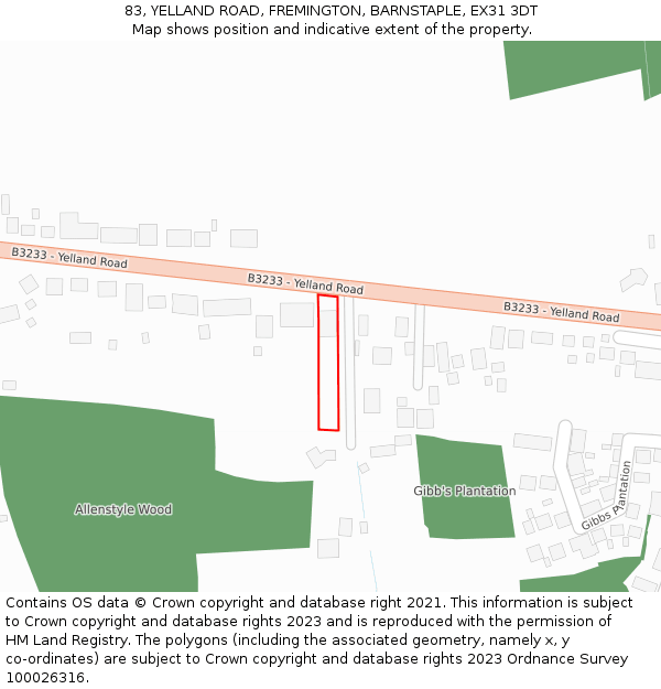 83, YELLAND ROAD, FREMINGTON, BARNSTAPLE, EX31 3DT: Location map and indicative extent of plot