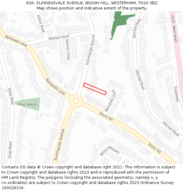 83A, SUNNINGVALE AVENUE, BIGGIN HILL, WESTERHAM, TN16 3BZ: Location map and indicative extent of plot