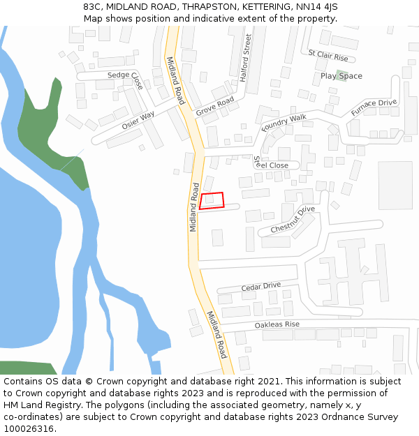 83C, MIDLAND ROAD, THRAPSTON, KETTERING, NN14 4JS: Location map and indicative extent of plot