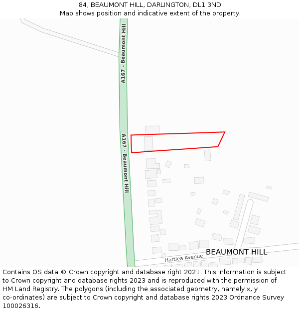 84, BEAUMONT HILL, DARLINGTON, DL1 3ND: Location map and indicative extent of plot