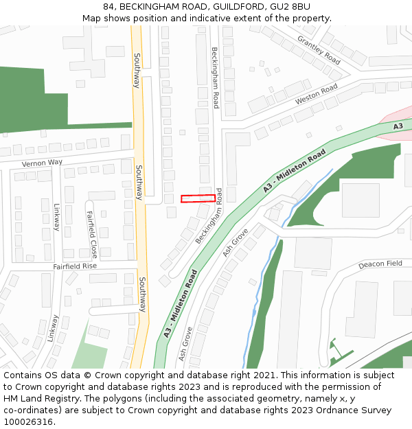 84, BECKINGHAM ROAD, GUILDFORD, GU2 8BU: Location map and indicative extent of plot