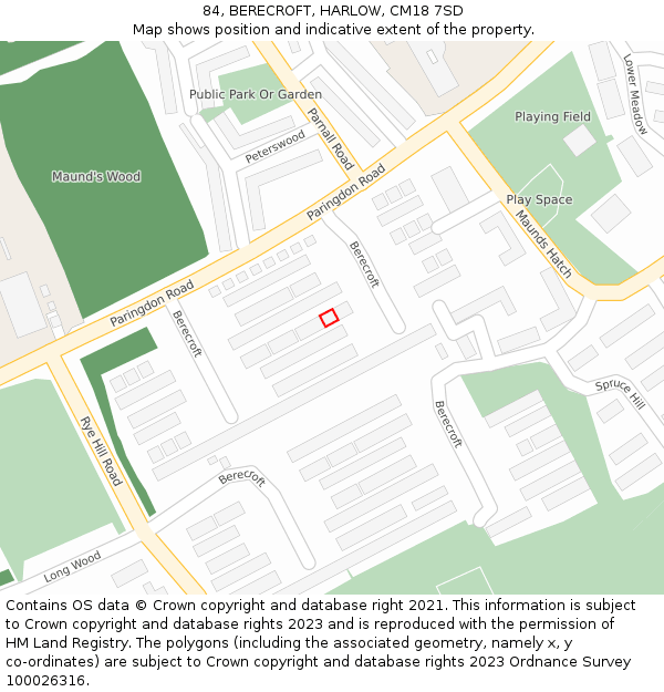 84, BERECROFT, HARLOW, CM18 7SD: Location map and indicative extent of plot