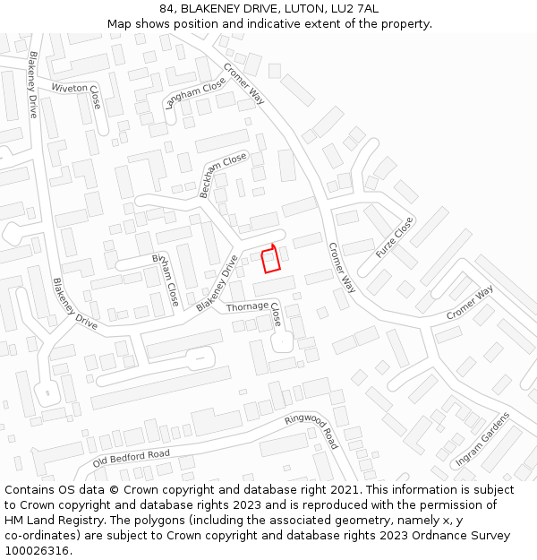 84, BLAKENEY DRIVE, LUTON, LU2 7AL: Location map and indicative extent of plot