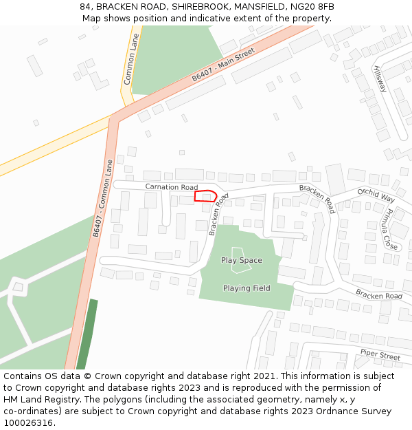 84, BRACKEN ROAD, SHIREBROOK, MANSFIELD, NG20 8FB: Location map and indicative extent of plot