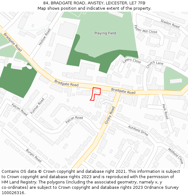 84, BRADGATE ROAD, ANSTEY, LEICESTER, LE7 7FB: Location map and indicative extent of plot