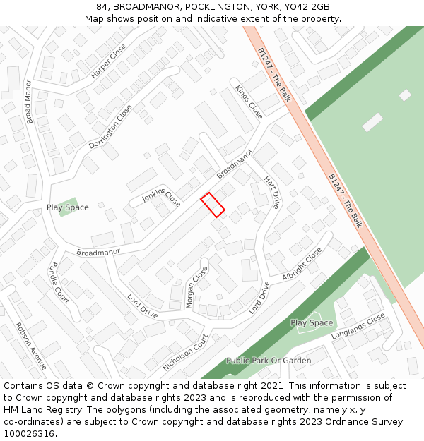 84, BROADMANOR, POCKLINGTON, YORK, YO42 2GB: Location map and indicative extent of plot