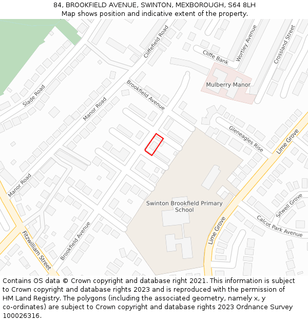 84, BROOKFIELD AVENUE, SWINTON, MEXBOROUGH, S64 8LH: Location map and indicative extent of plot