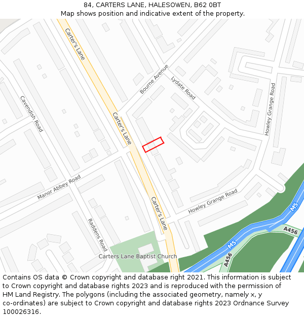 84, CARTERS LANE, HALESOWEN, B62 0BT: Location map and indicative extent of plot