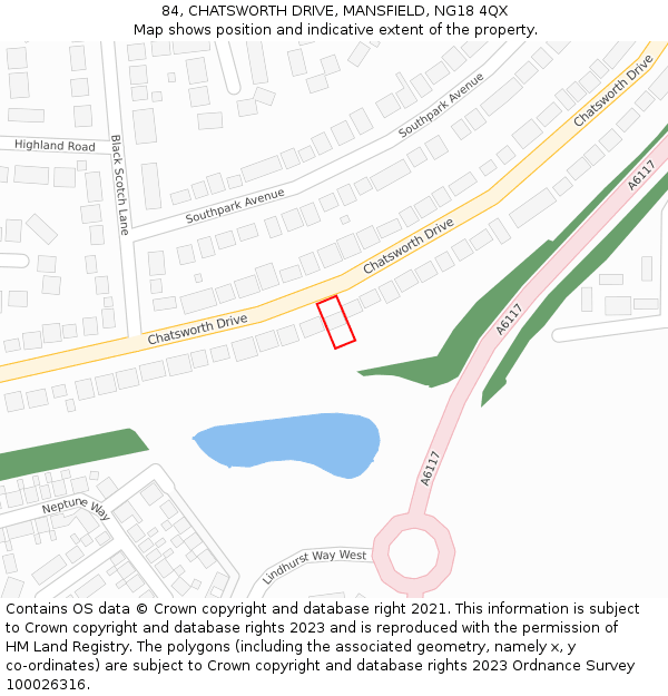 84, CHATSWORTH DRIVE, MANSFIELD, NG18 4QX: Location map and indicative extent of plot