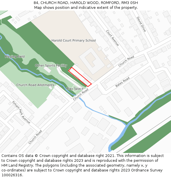 84, CHURCH ROAD, HAROLD WOOD, ROMFORD, RM3 0SH: Location map and indicative extent of plot