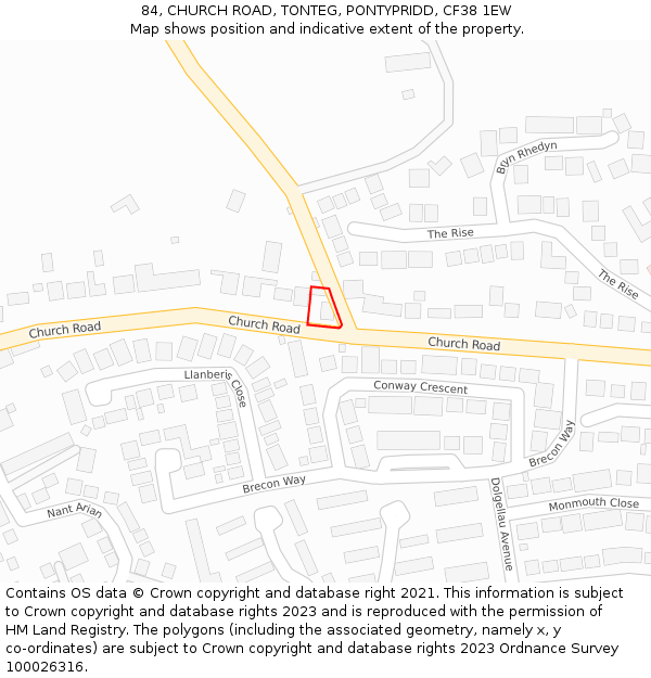 84, CHURCH ROAD, TONTEG, PONTYPRIDD, CF38 1EW: Location map and indicative extent of plot