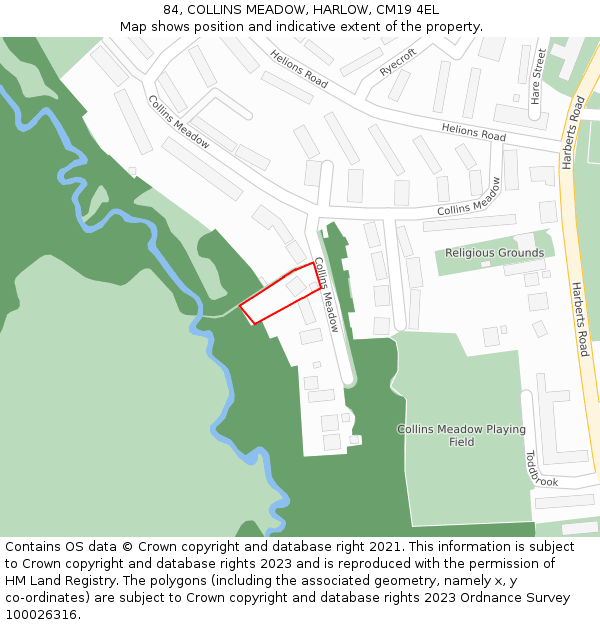 84, COLLINS MEADOW, HARLOW, CM19 4EL: Location map and indicative extent of plot