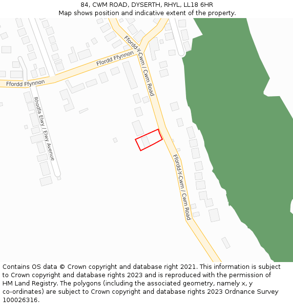 84, CWM ROAD, DYSERTH, RHYL, LL18 6HR: Location map and indicative extent of plot