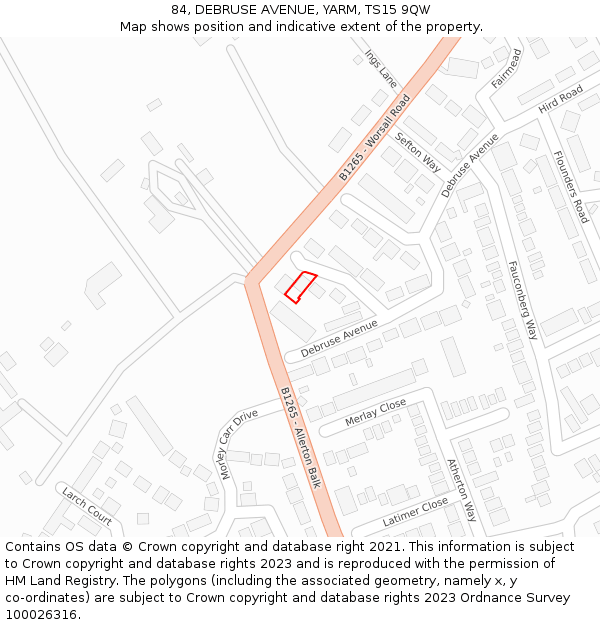84, DEBRUSE AVENUE, YARM, TS15 9QW: Location map and indicative extent of plot