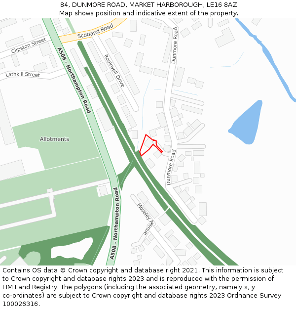 84, DUNMORE ROAD, MARKET HARBOROUGH, LE16 8AZ: Location map and indicative extent of plot