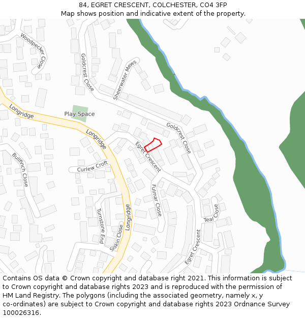 84, EGRET CRESCENT, COLCHESTER, CO4 3FP: Location map and indicative extent of plot