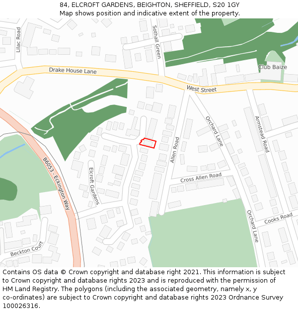 84, ELCROFT GARDENS, BEIGHTON, SHEFFIELD, S20 1GY: Location map and indicative extent of plot