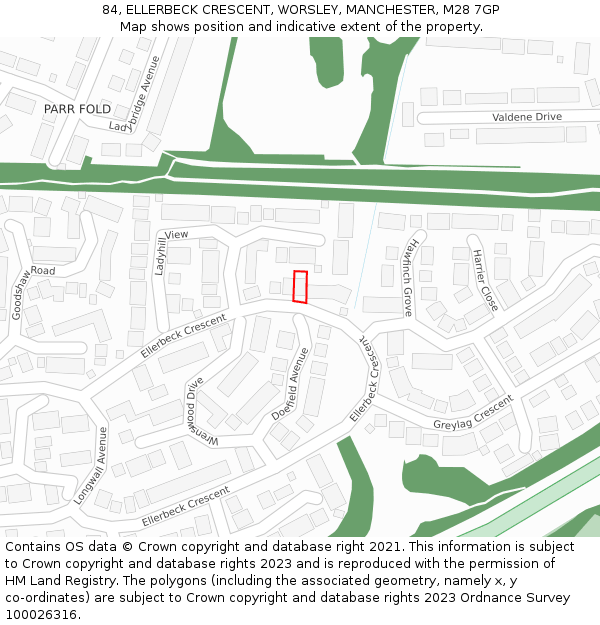 84, ELLERBECK CRESCENT, WORSLEY, MANCHESTER, M28 7GP: Location map and indicative extent of plot