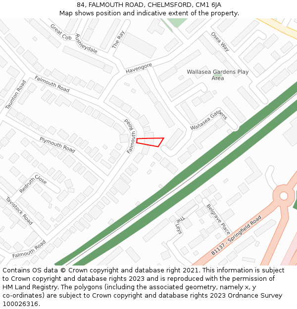 84, FALMOUTH ROAD, CHELMSFORD, CM1 6JA: Location map and indicative extent of plot