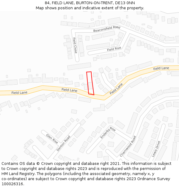 84, FIELD LANE, BURTON-ON-TRENT, DE13 0NN: Location map and indicative extent of plot