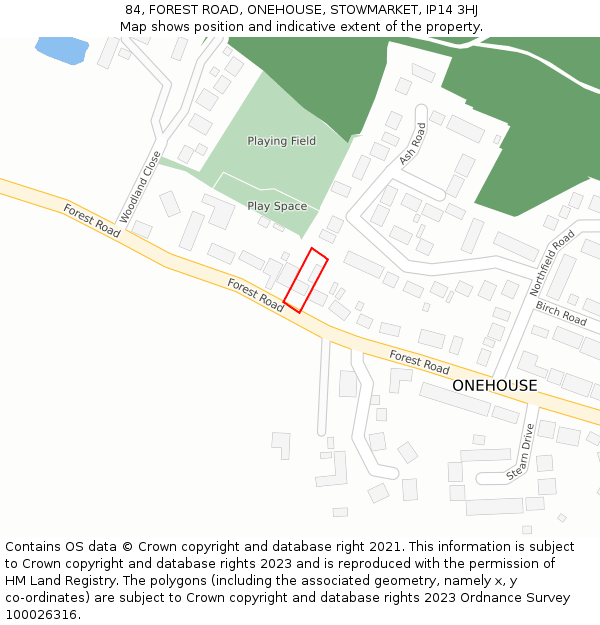 84, FOREST ROAD, ONEHOUSE, STOWMARKET, IP14 3HJ: Location map and indicative extent of plot