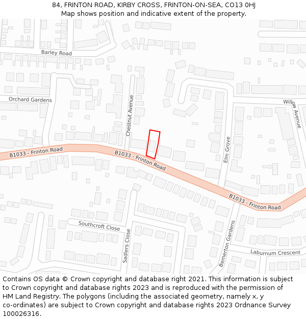 84, FRINTON ROAD, KIRBY CROSS, FRINTON-ON-SEA, CO13 0HJ: Location map and indicative extent of plot