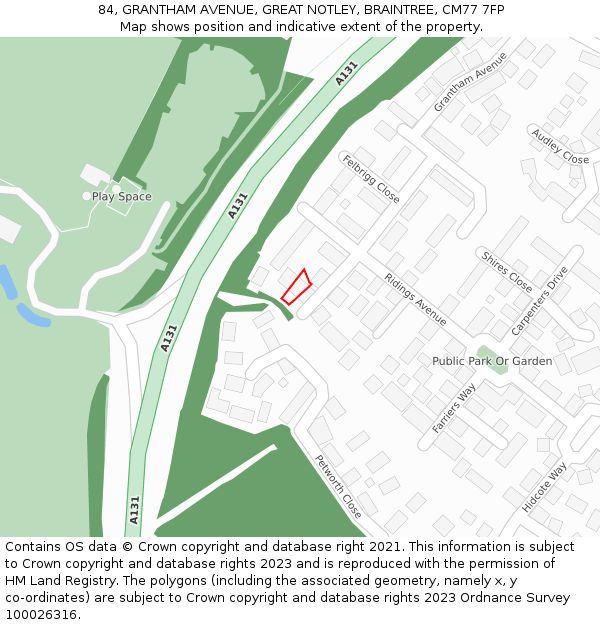 84, GRANTHAM AVENUE, GREAT NOTLEY, BRAINTREE, CM77 7FP: Location map and indicative extent of plot