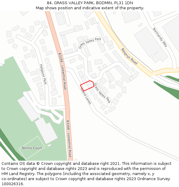 84, GRASS VALLEY PARK, BODMIN, PL31 1DN: Location map and indicative extent of plot