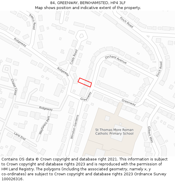 84, GREENWAY, BERKHAMSTED, HP4 3LF: Location map and indicative extent of plot