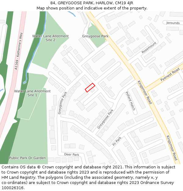 84, GREYGOOSE PARK, HARLOW, CM19 4JR: Location map and indicative extent of plot