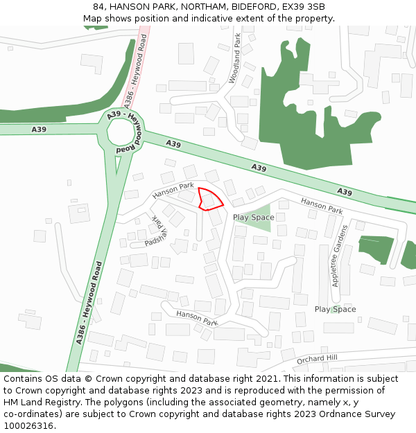 84, HANSON PARK, NORTHAM, BIDEFORD, EX39 3SB: Location map and indicative extent of plot
