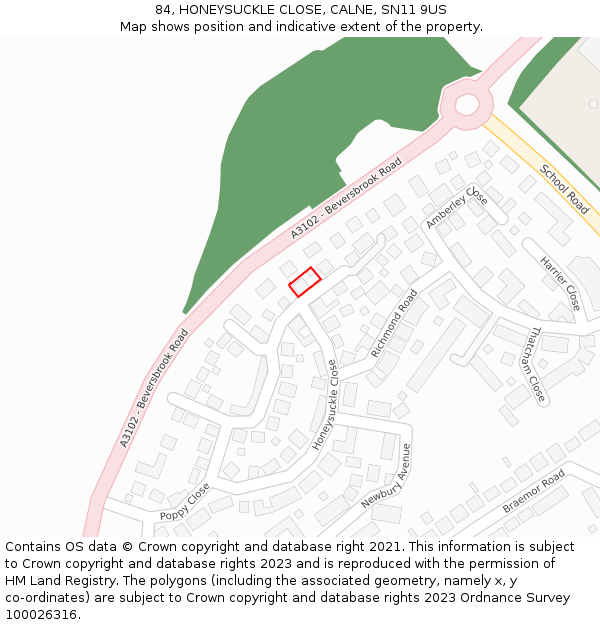 84, HONEYSUCKLE CLOSE, CALNE, SN11 9US: Location map and indicative extent of plot