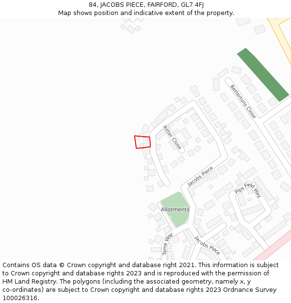 84, JACOBS PIECE, FAIRFORD, GL7 4FJ: Location map and indicative extent of plot