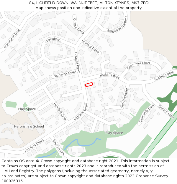 84, LICHFIELD DOWN, WALNUT TREE, MILTON KEYNES, MK7 7BD: Location map and indicative extent of plot