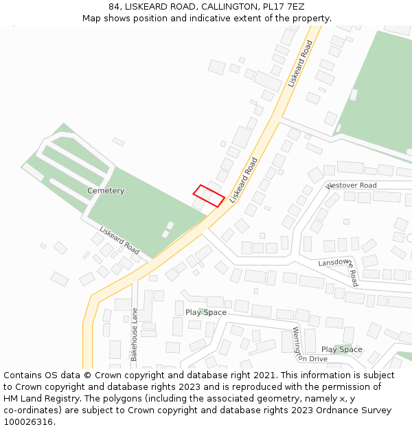 84, LISKEARD ROAD, CALLINGTON, PL17 7EZ: Location map and indicative extent of plot