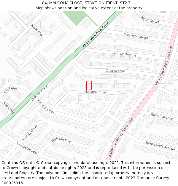 84, MALCOLM CLOSE, STOKE-ON-TRENT, ST2 7HU: Location map and indicative extent of plot