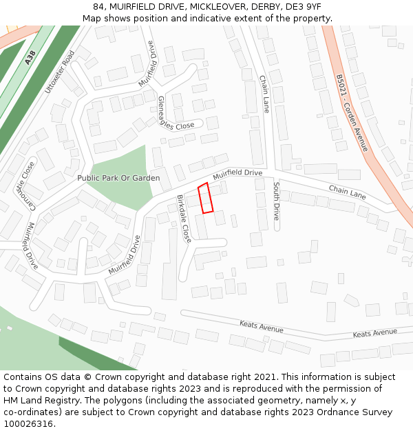 84, MUIRFIELD DRIVE, MICKLEOVER, DERBY, DE3 9YF: Location map and indicative extent of plot