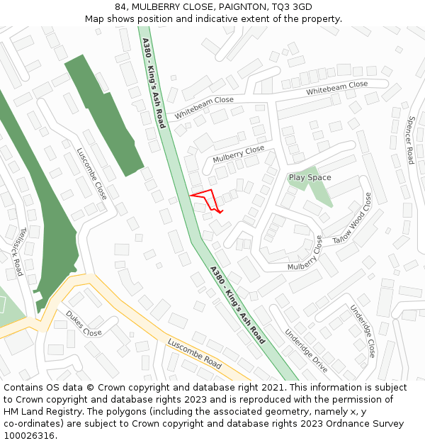 84, MULBERRY CLOSE, PAIGNTON, TQ3 3GD: Location map and indicative extent of plot