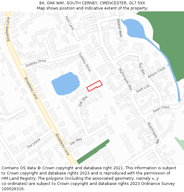 84, OAK WAY, SOUTH CERNEY, CIRENCESTER, GL7 5XX: Location map and indicative extent of plot