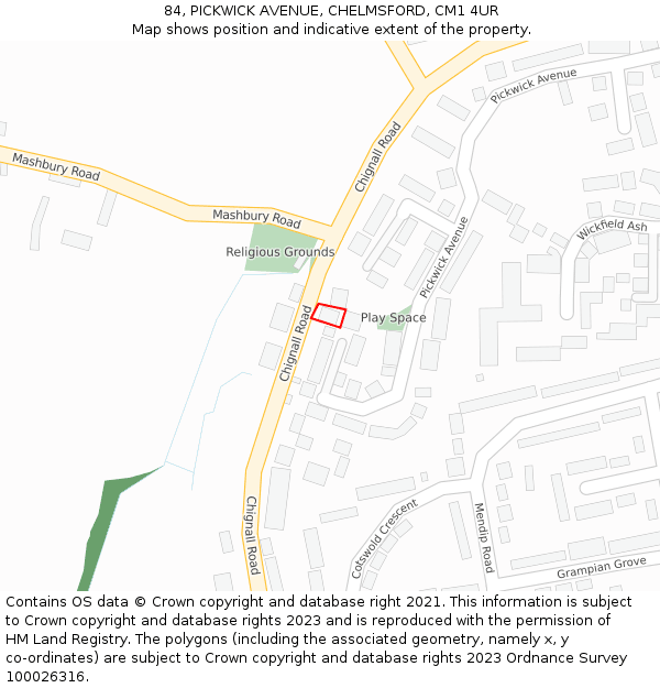 84, PICKWICK AVENUE, CHELMSFORD, CM1 4UR: Location map and indicative extent of plot