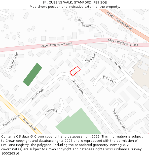 84, QUEENS WALK, STAMFORD, PE9 2QE: Location map and indicative extent of plot