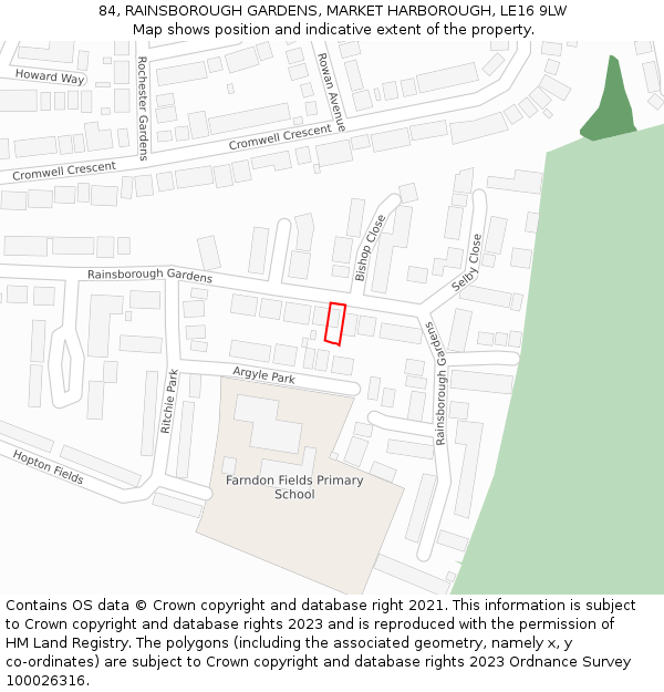84, RAINSBOROUGH GARDENS, MARKET HARBOROUGH, LE16 9LW: Location map and indicative extent of plot