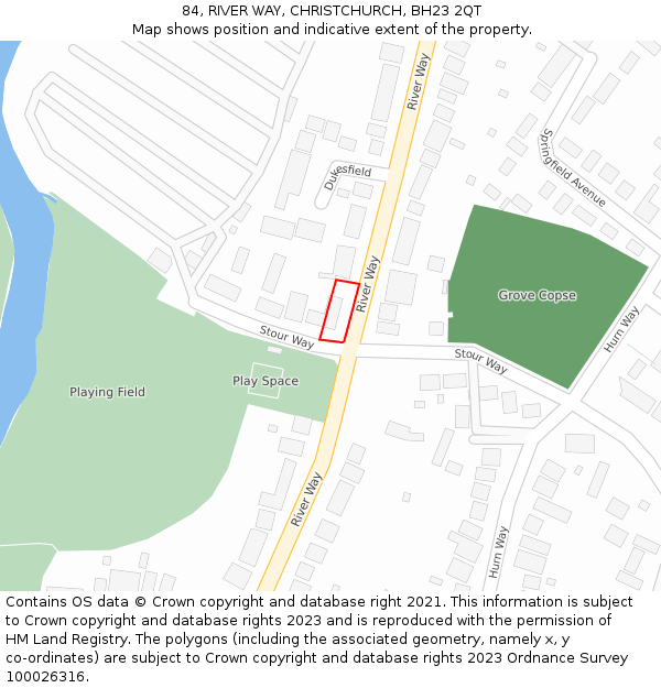 84, RIVER WAY, CHRISTCHURCH, BH23 2QT: Location map and indicative extent of plot