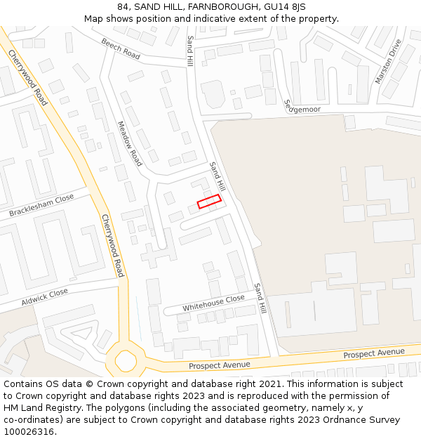 84, SAND HILL, FARNBOROUGH, GU14 8JS: Location map and indicative extent of plot