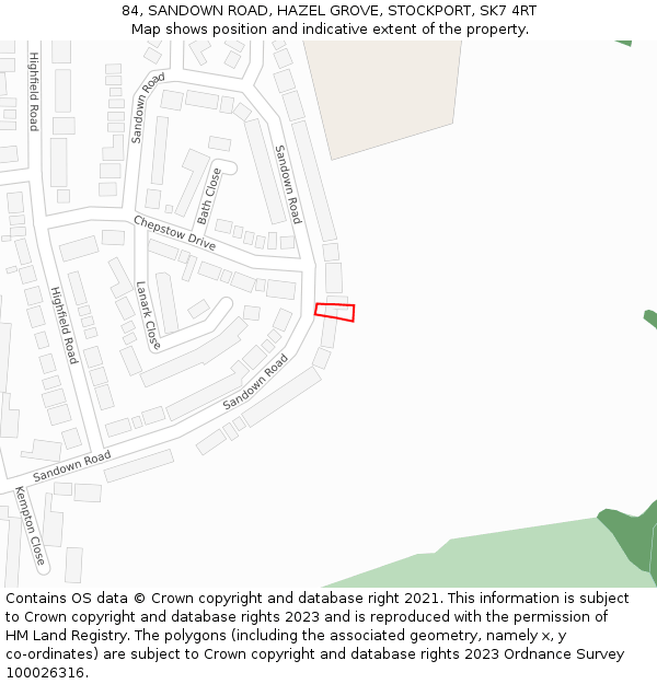 84, SANDOWN ROAD, HAZEL GROVE, STOCKPORT, SK7 4RT: Location map and indicative extent of plot