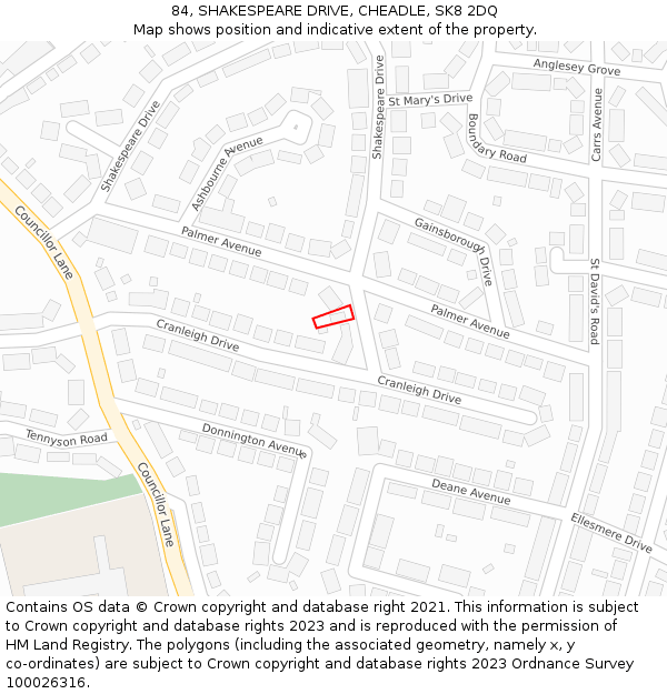 84, SHAKESPEARE DRIVE, CHEADLE, SK8 2DQ: Location map and indicative extent of plot