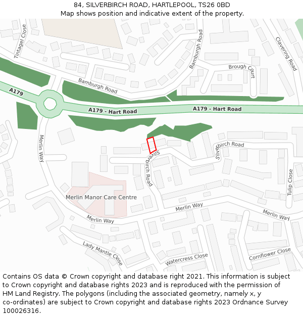84, SILVERBIRCH ROAD, HARTLEPOOL, TS26 0BD: Location map and indicative extent of plot